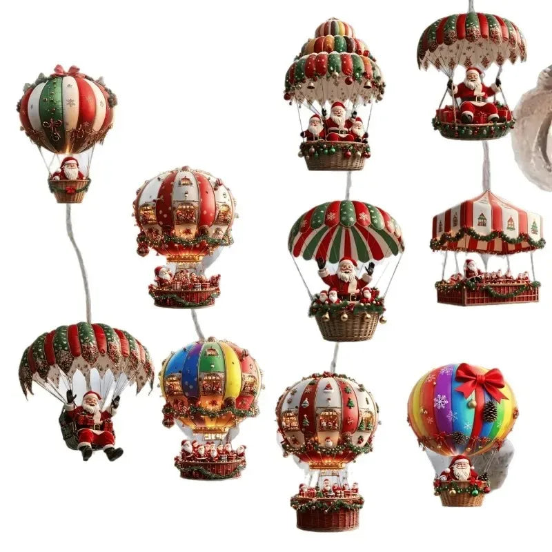 Weihnachts-Holzanhänger Set 10-teilig – Heissluftballon & Weihnachtsmann Baumschmuck