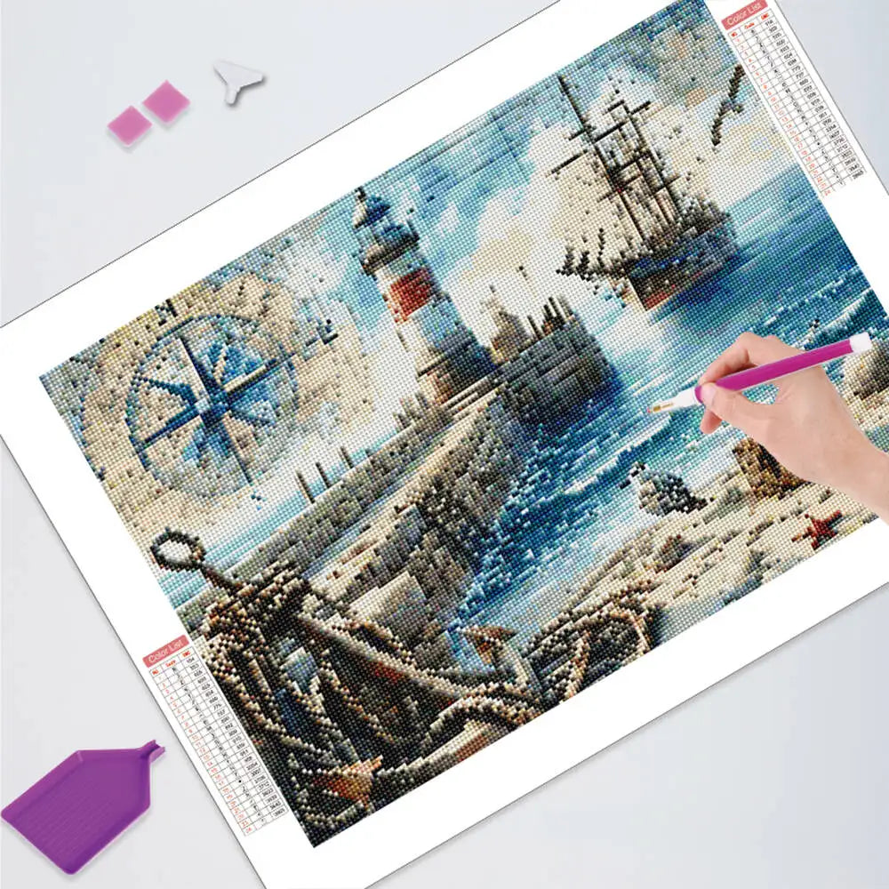 Diamond Painting Leuchtturm & Meer – Huacan Set mit Diamanten