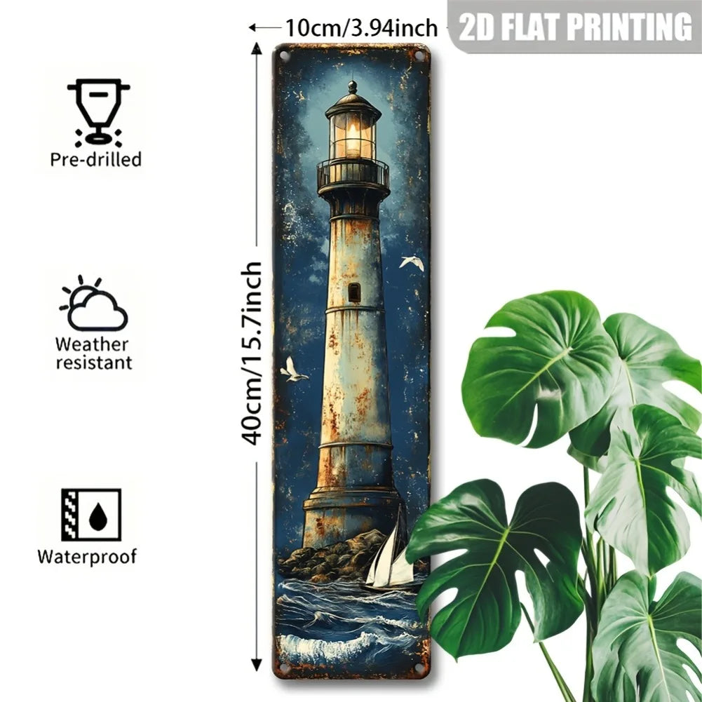 1 Stück 15,75 x 3,94 Zoll 2D flaches Retro-Leuchtturm-Logo aus Eisen – Rustikale Wanddekoration „Sternennacht“, strapazierfähige Außendekoration für Ihr Zuhause