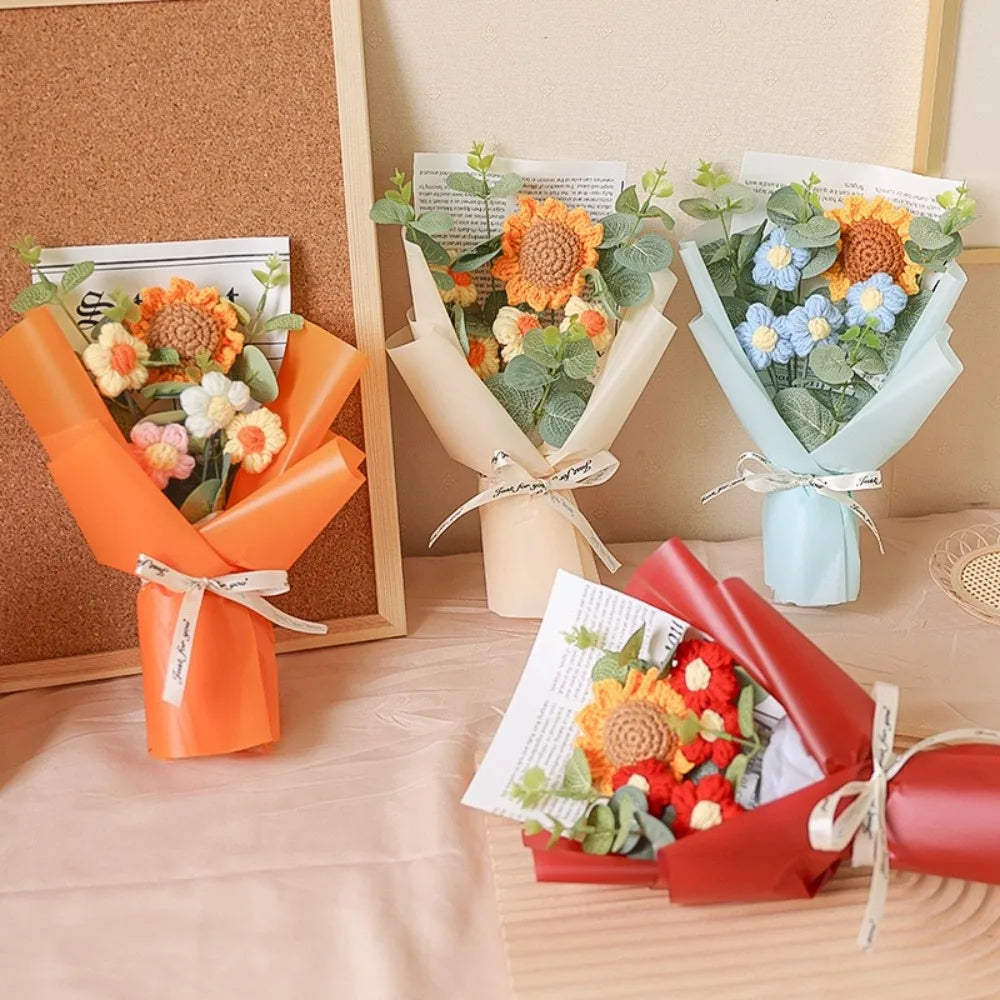 Häkel-Blumenstrauß – Handgefertigter Kunstblumen-Strauß aus Sonnenblumen & Gänseblümchen