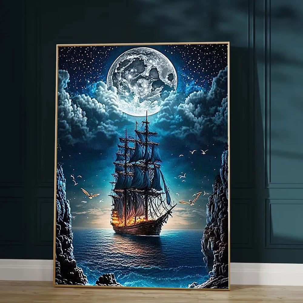 Diamond Painting Set – Landschaft & Mond im Japan-Stil mit vollem Diamant-Mosaik