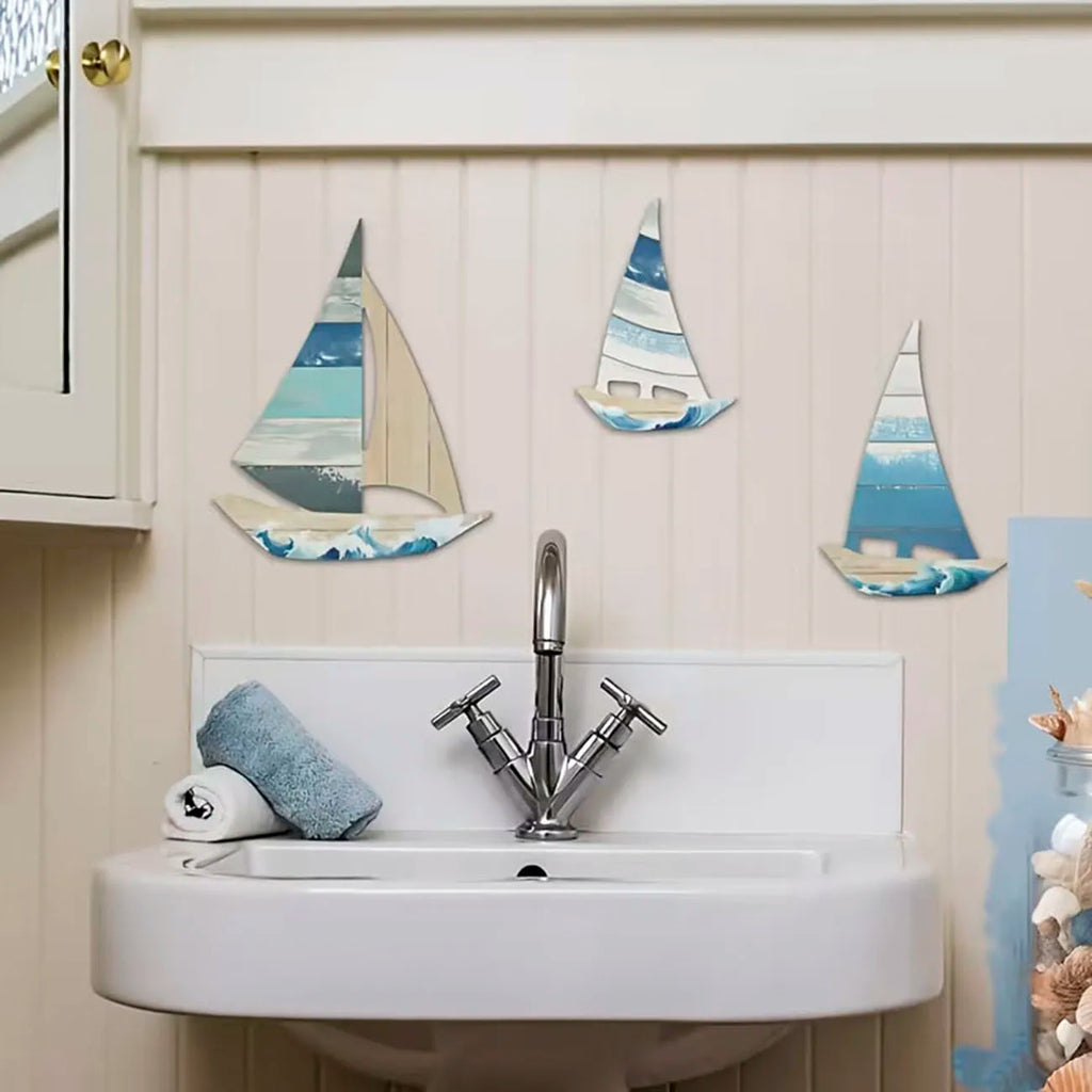 Holz-Wandsticker Maritim 3er-Set – Nautische Wanddeko für Wohnzimmer und Schlafzimmer