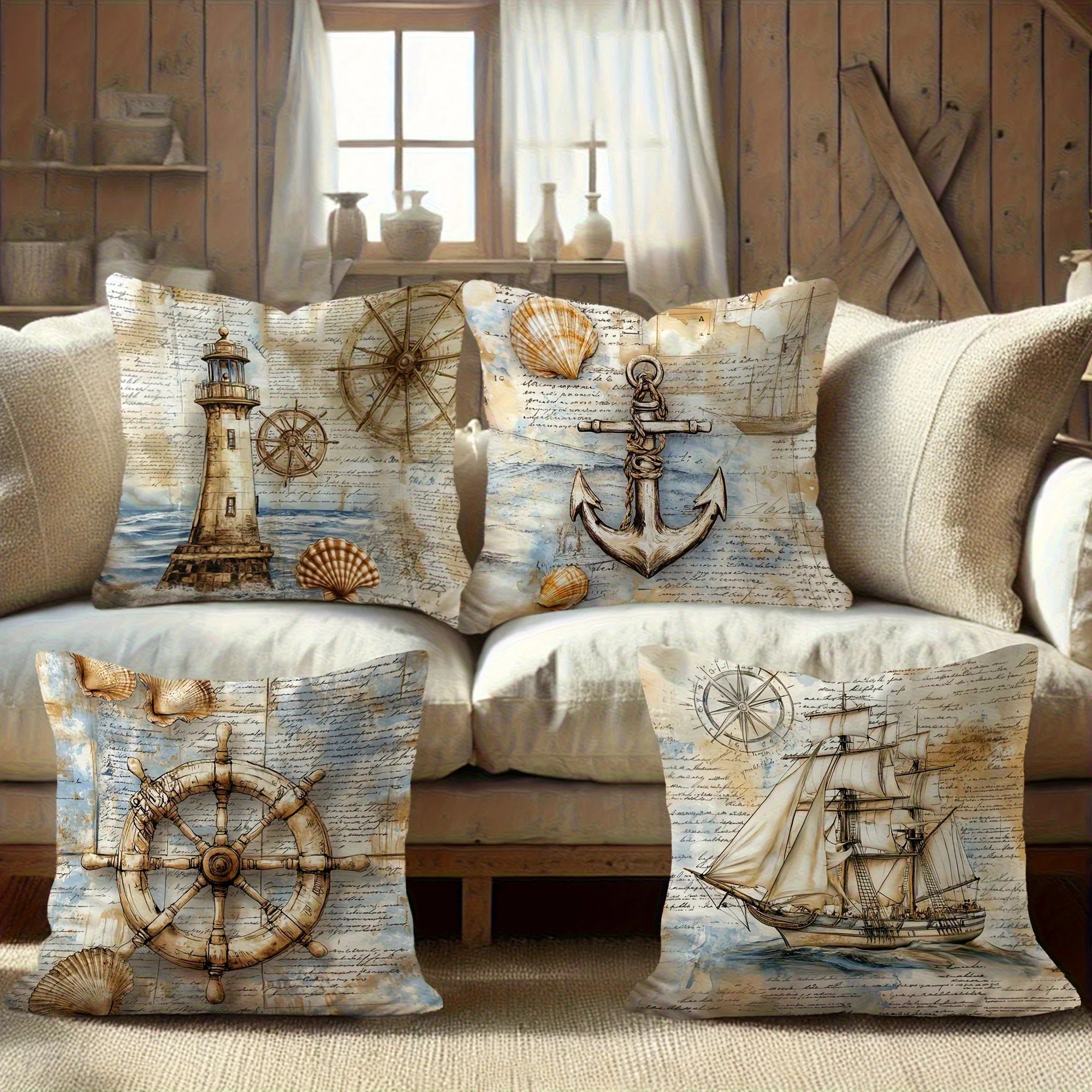 Maritime Kissenbezüge 4er-Set – Nautisches Motiv, Küstendekor
