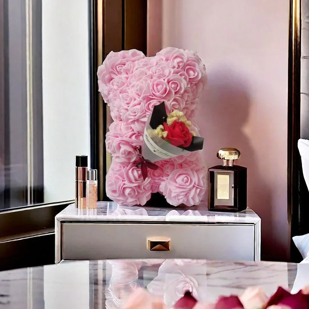 Teddybär Blumenstrauß aus Schaumrosen – Geschenk zur Hochzeit, Muttertag & mehr
