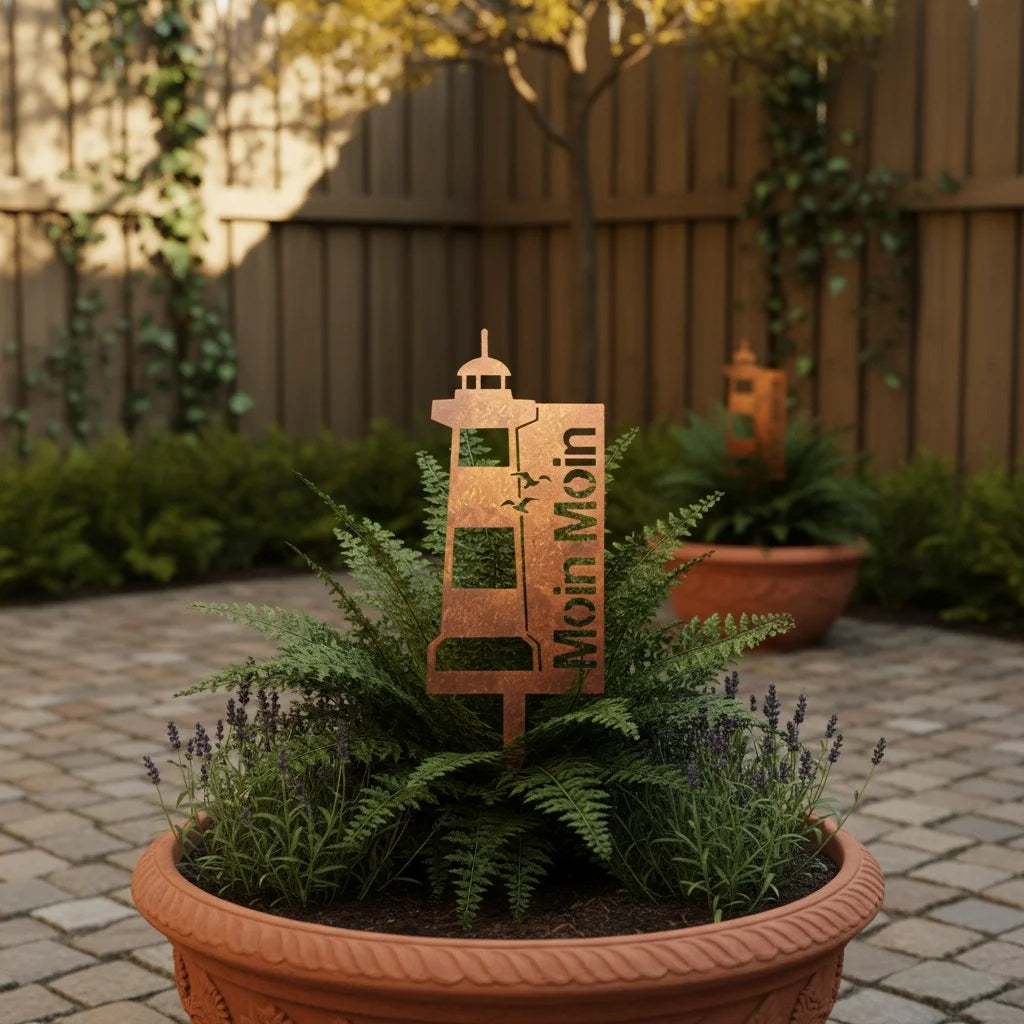 Gartenstecker Leuchtturm „Moin Moin“ – Maritimer Metall-Stecker für Garten & Terrasse