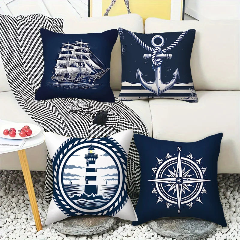 Kissenbezug 4er Set Maritim – Anker, Leuchtturm & Segelboot | 6 Größen | Polyester