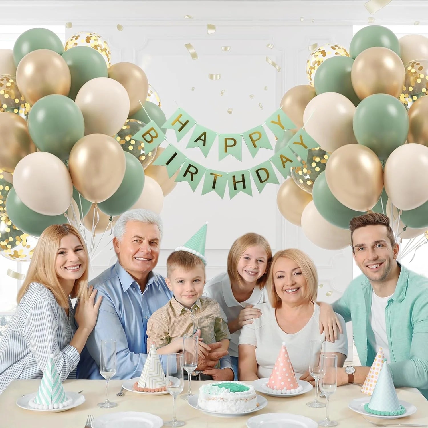 Boho Luftballon-Set 60-teilig – Salbeigrün, Sand, Weiß & Gold | Geburtstag, Hochzeit & mehr