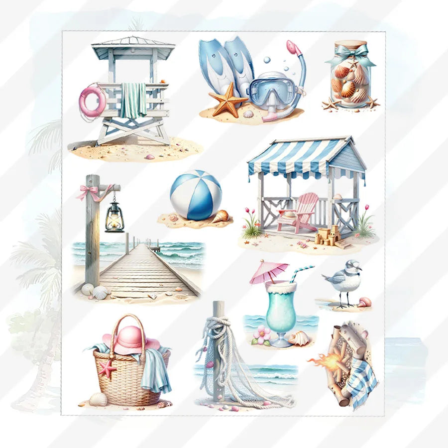 Maritime UV-DTF Sticker Set – 3 Bogen, Strand & Tropenurlaub, DIY Tassen & Gläser