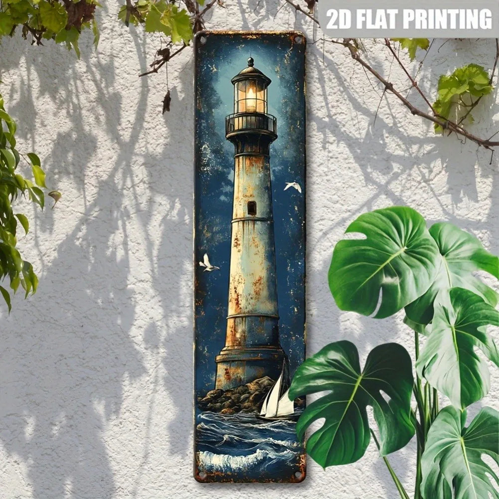 1 Stück 15,75 x 3,94 Zoll 2D flaches Retro-Leuchtturm-Logo aus Eisen – Rustikale Wanddekoration „Sternennacht“, strapazierfähige Außendekoration für Ihr Zuhause
