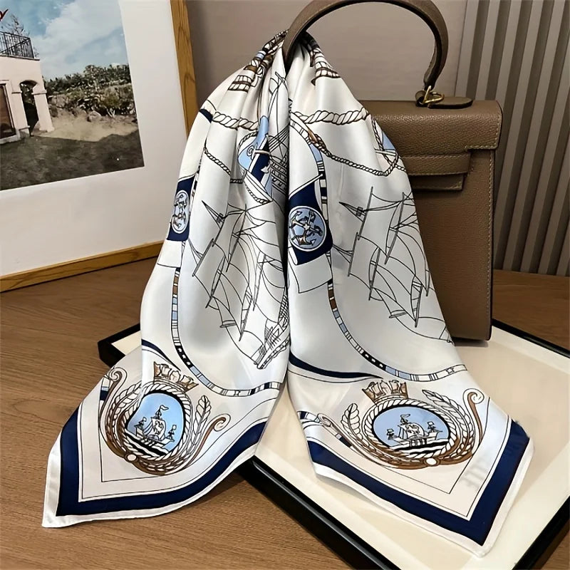 Nautischer Damen-Schal mit Meeresdruck – 90x90 cm Tuch aus Polyester-Satin