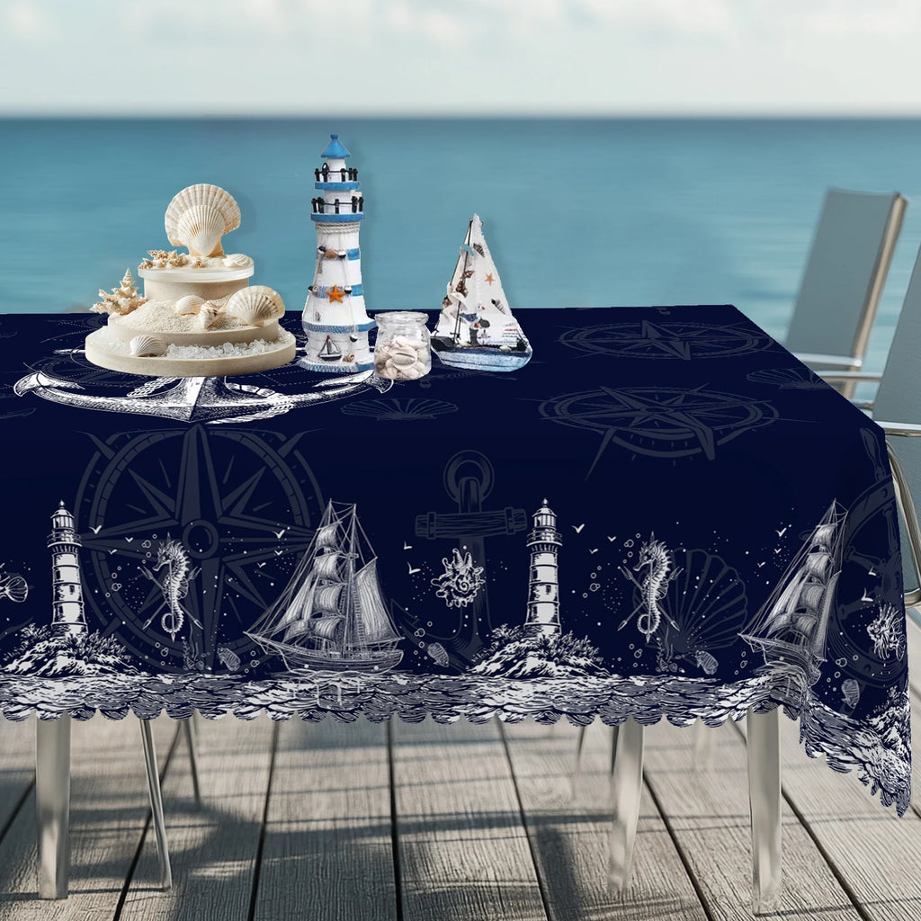 Maritime Tischdecke Marineblau – Anker, Leuchtturm & Kompass, wasserabweisend, 5 Größen