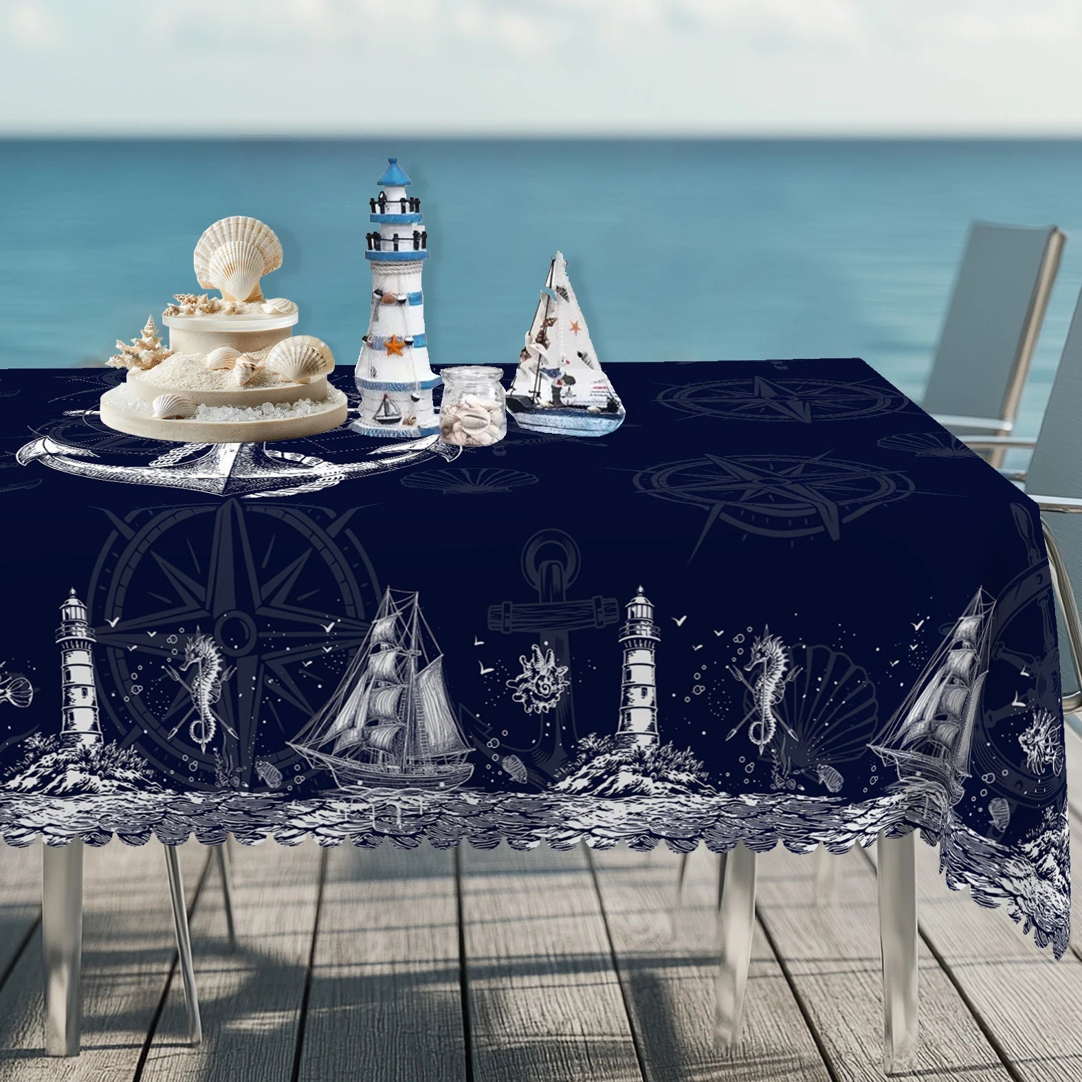 Maritime Tischdecke Marineblau – Anker, Leuchtturm & Kompass, wasserabweisend, 5 Größen