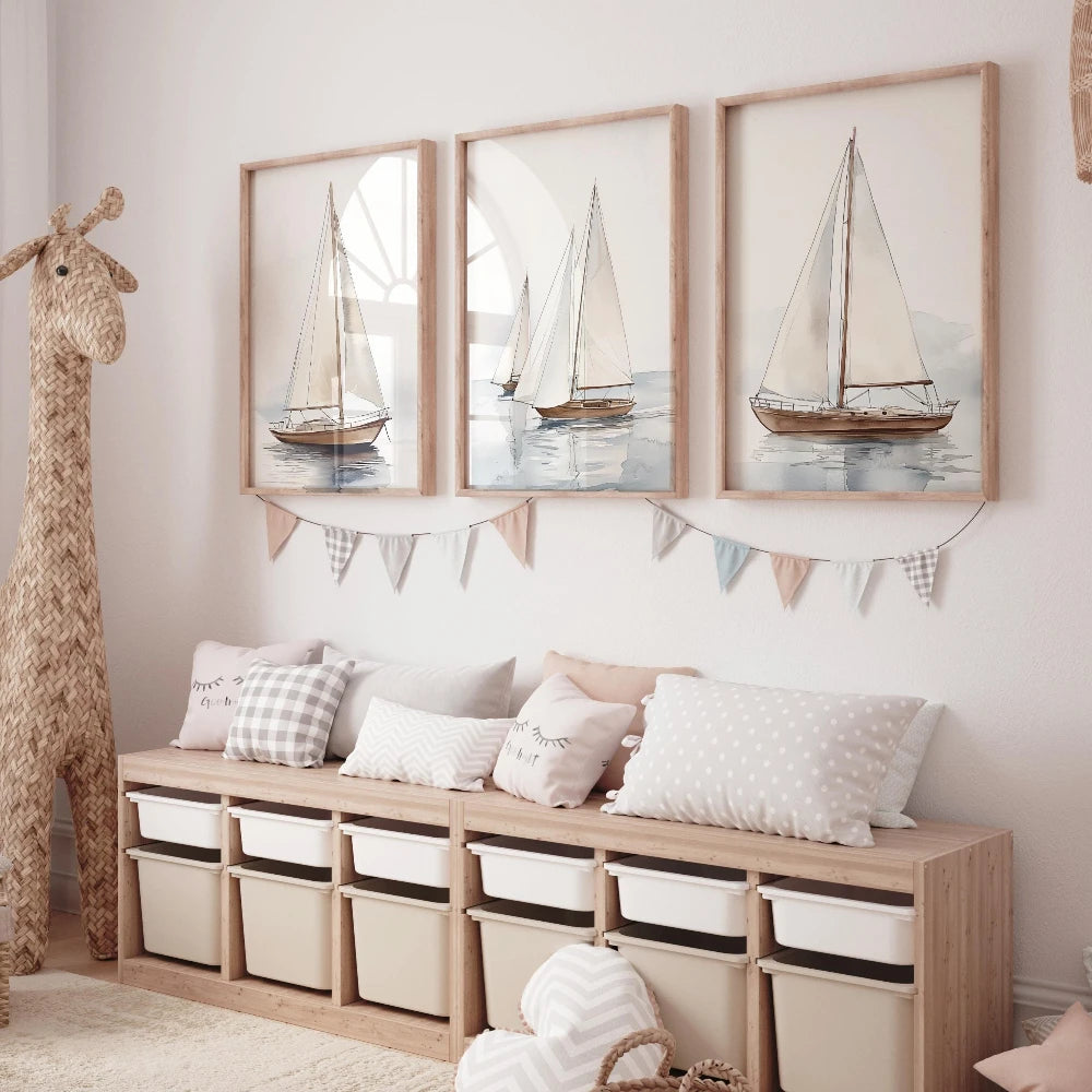 Aquarell Segelboot Poster Set – 3-teiliges Leinwand-Wandbild maritim