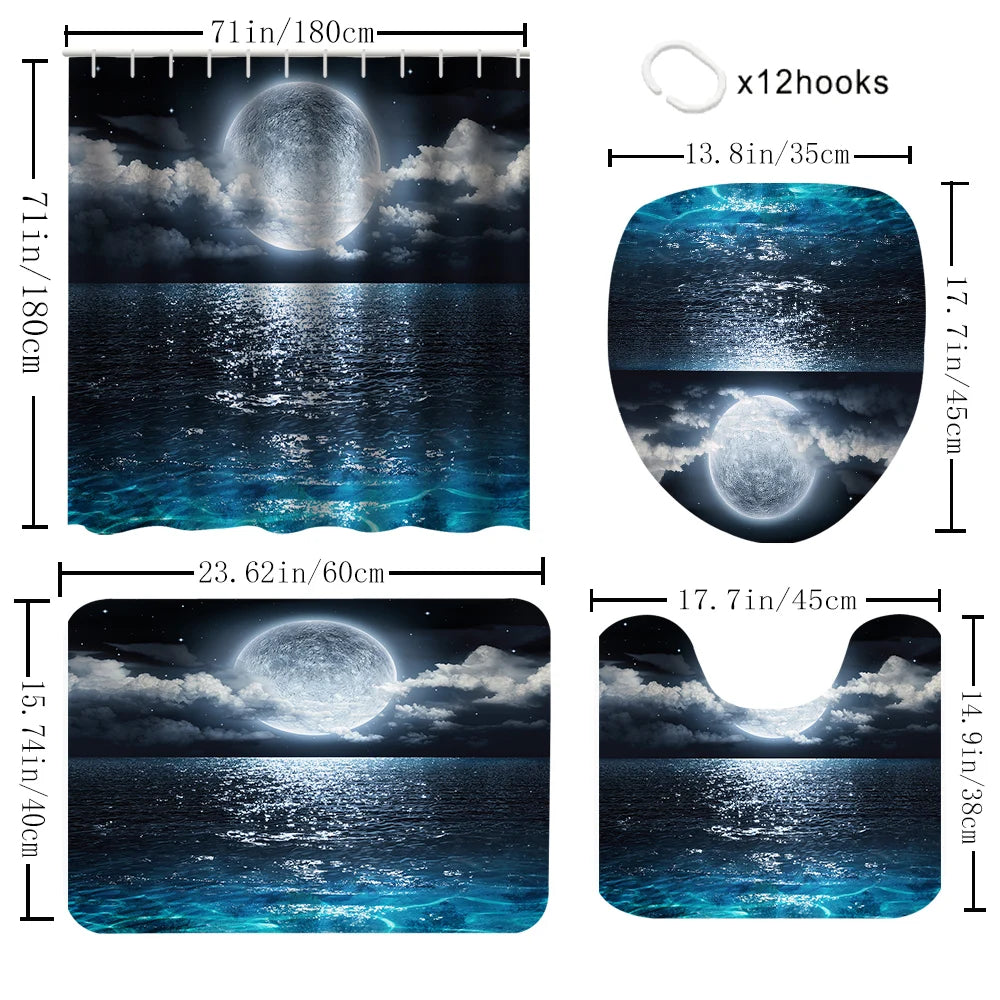 Duschvorhang-Set Meereslandschaft – Badezimmer Deko mit Teppich & WC-Deckelbezug