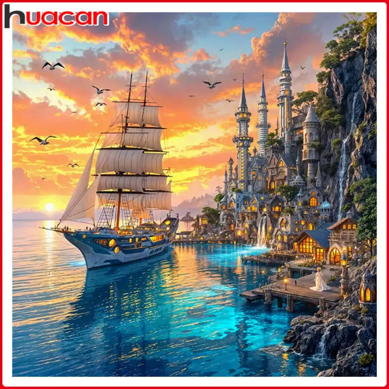 Diamond Painting Segelboot und Schloss – 5D DIY Diamantmalerei mit runden und eckigen Steinen