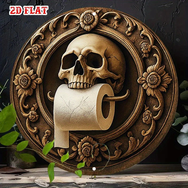 Vintage Aluminium-Wandschild Totenkopf & Blumen – 20x20 cm, Gothic, Innen & Außen