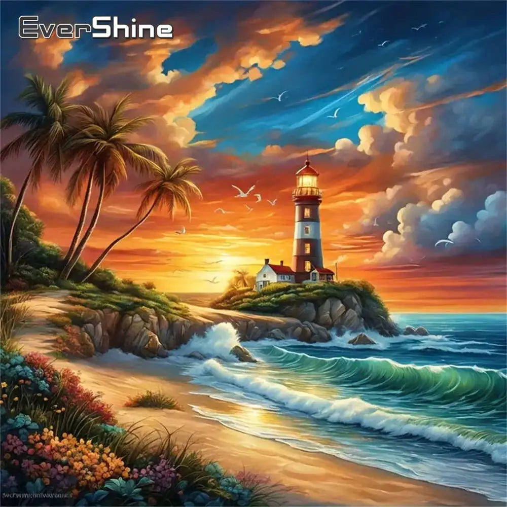 Diamond Painting Leuchtturm Sonnenuntergang – DIY Bastelset, Malen nach Zahlen mit Diamanten