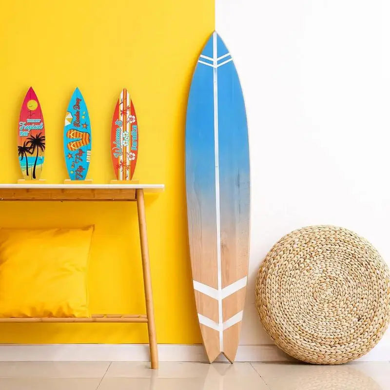 Holz-Surfbrett Tischdeko – 21x6 cm, 4 Motive: Sommer, Flip-Flop, Willkommen & Baum, Strand & Ozean