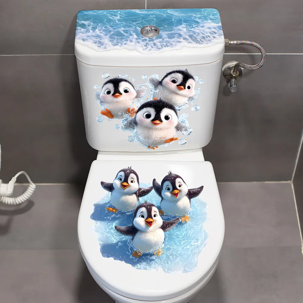 Cartoon-Pinguin WC-Aufkleber – Wasserfeste Badezimmer-Sticker im Ozeanwellen-Design
