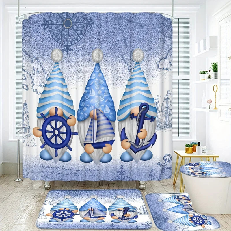 Maritimes Badezimmer-Set 4-teilig – Duschvorhang, Badematte, WC-Deckelbezug und Vorleger