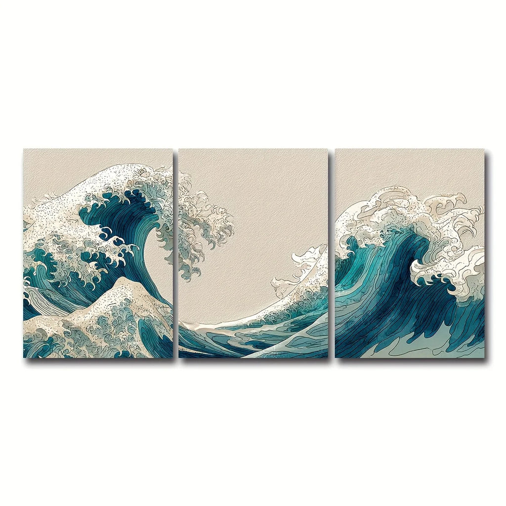 Dreiteiliges Leinwandbild – Japanische Welle, Abstrakte Meereslandschaft, Ohne Rahmen