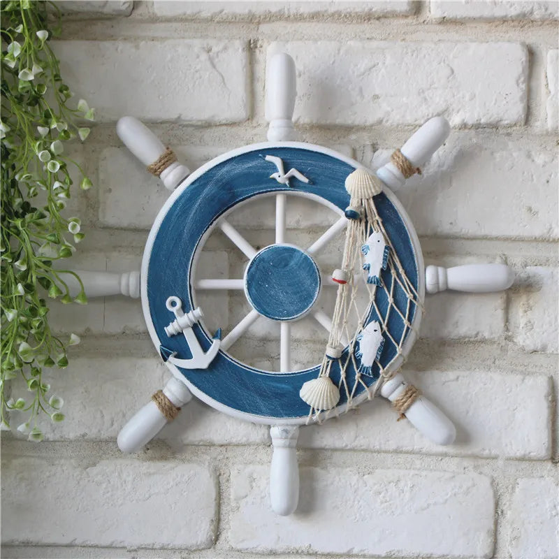 Holz-Schiffssteuerrad Wanddeko – Mediterran, 23x23 cm, mit Anker & Fischernetz, 4 Motive