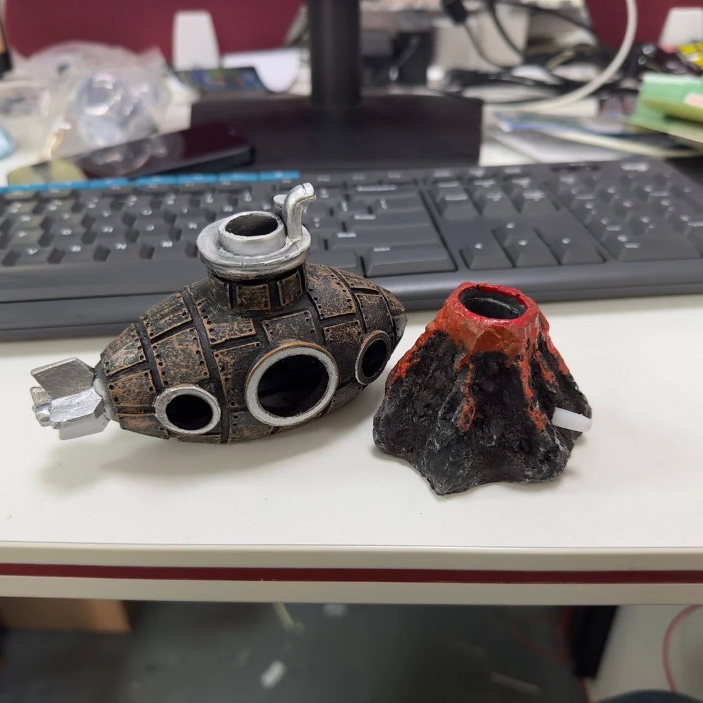 Aquarium Deko – Kunstharz U-Boot & Vulkan mit Luftblasen-Effekt