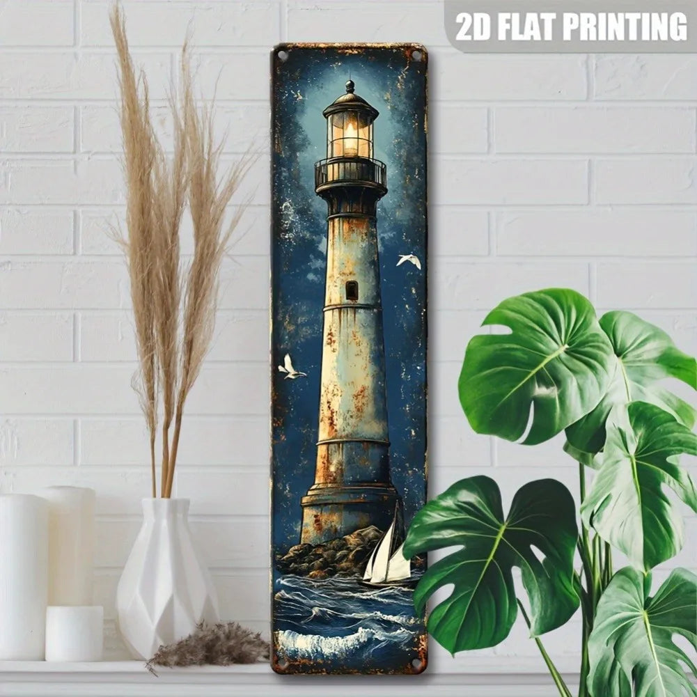 1 Stück 15,75 x 3,94 Zoll 2D flaches Retro-Leuchtturm-Logo aus Eisen – Rustikale Wanddekoration „Sternennacht“, strapazierfähige Außendekoration für Ihr Zuhause