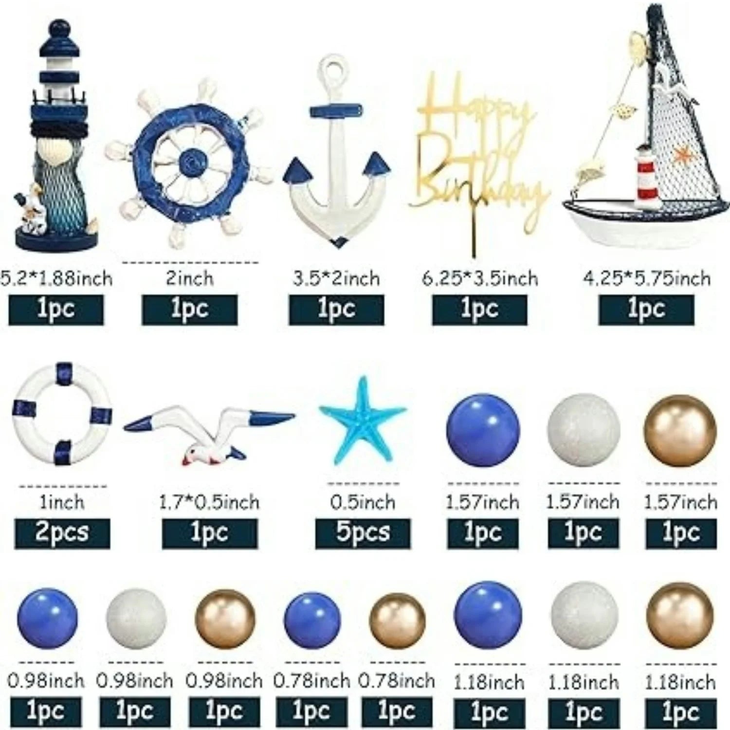 Maritime Kuchentopper 24-teilig – Blau-Weiß, Anker, Schiff, Leuchtturm, Geburtstag