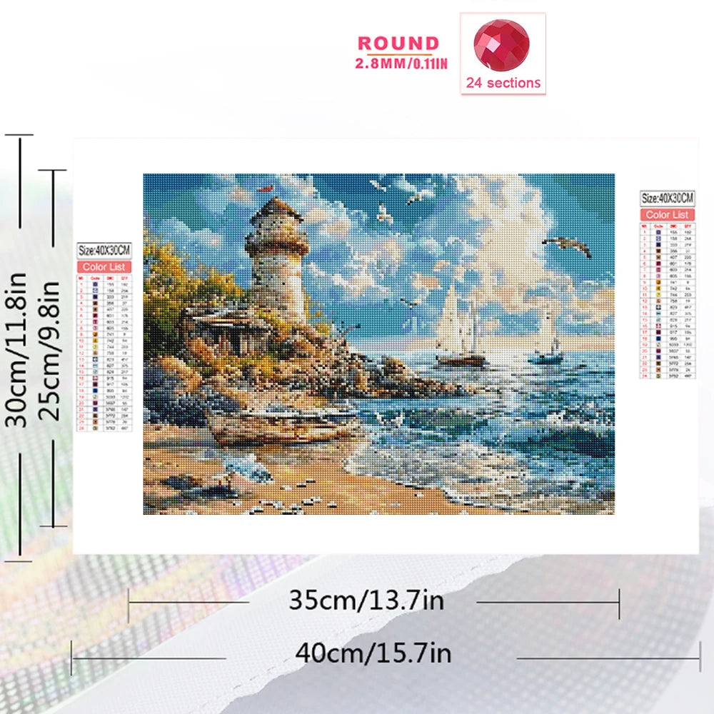 Diamond Painting Kit Leuchtturm & Küstenlandschaft – DIY Diamant Mosaic | Eckige & Runde Steine