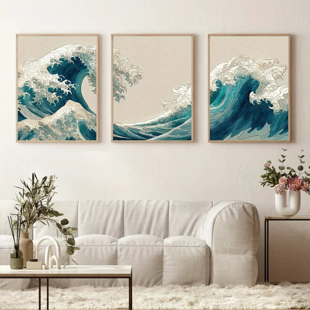 Dreiteiliges Leinwandbild – Japanische Welle, Abstrakte Meereslandschaft, Ohne Rahmen