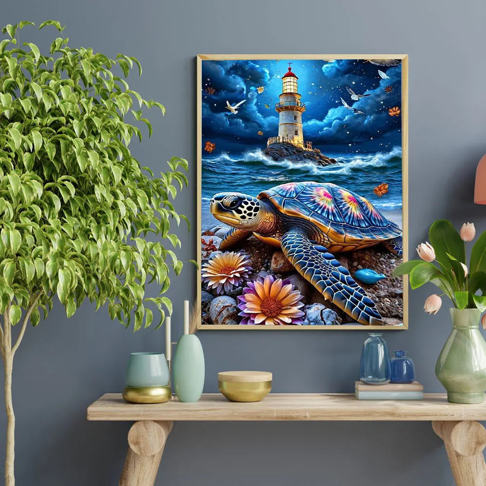 Diamond Painting Schildkröte und Leuchtturm – 5D Diamant Mosaikbild mit Rund- und Viereckbohrer