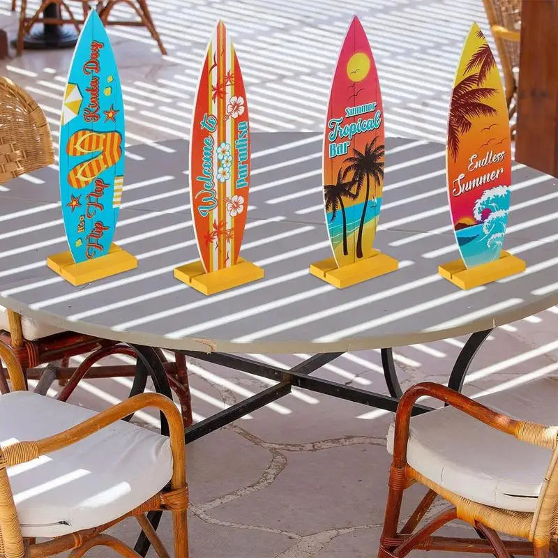 Holz-Surfbrett Tischdeko – 21x6 cm, 4 Motive: Sommer, Flip-Flop, Willkommen & Baum, Strand & Ozean