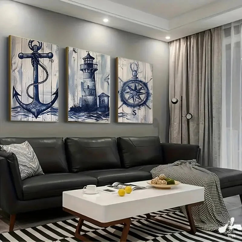 Nautisches Canvas-Poster-Set 3-teilig – Leuchtturm, Anker & Kompass Wanddeko