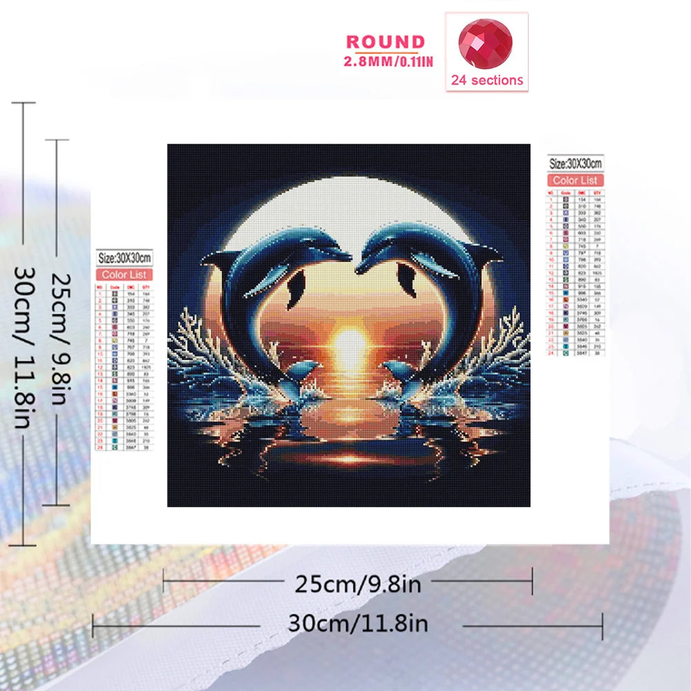 Diamond Painting Delfin Sonnenuntergang – 5D Diamant Mosaikbild mit Rund- und Viereckbohrer