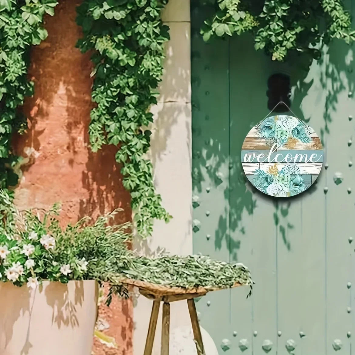 Willkommen Frühling Holzschild rund – Blumenmuster, Landhaus, 20 oder 30 cm, Veranda & Wohnzimmer