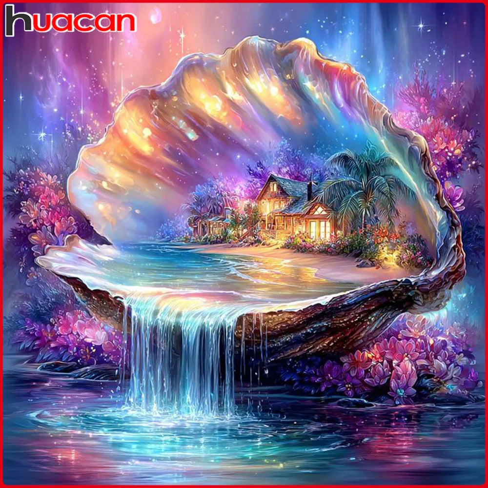 Diamond Painting Set Wasserfall & Haus – Landschaft, runde & eckige Diamanten, 20–50 cm