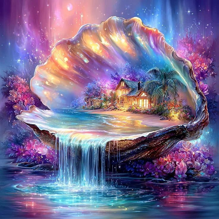 Diamond Painting Set Wasserfall & Haus – Landschaft, runde & eckige Diamanten, 20–50 cm