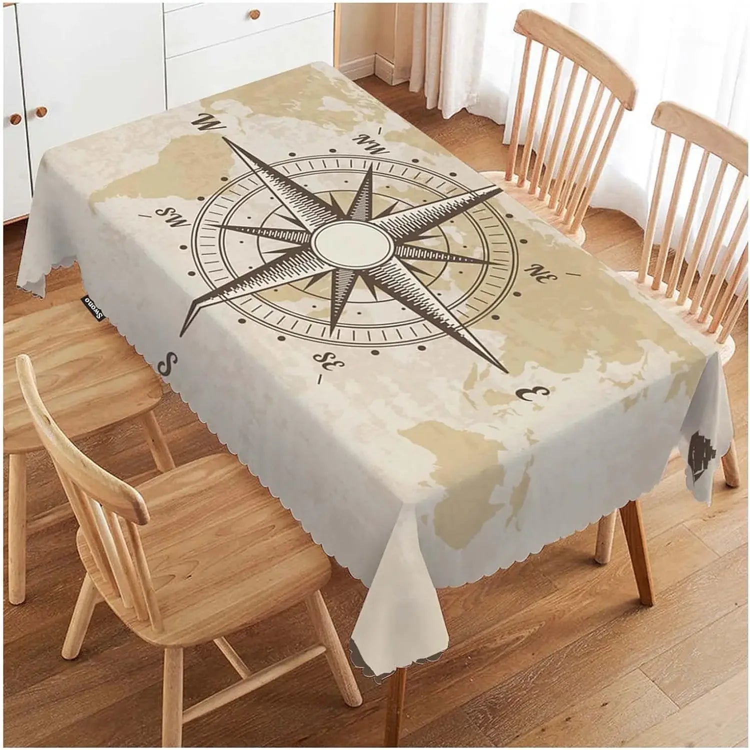 Maritime Tischdecke mit Kompass & Weltkarte – wasserabweisend, waschbar, 9 Größen