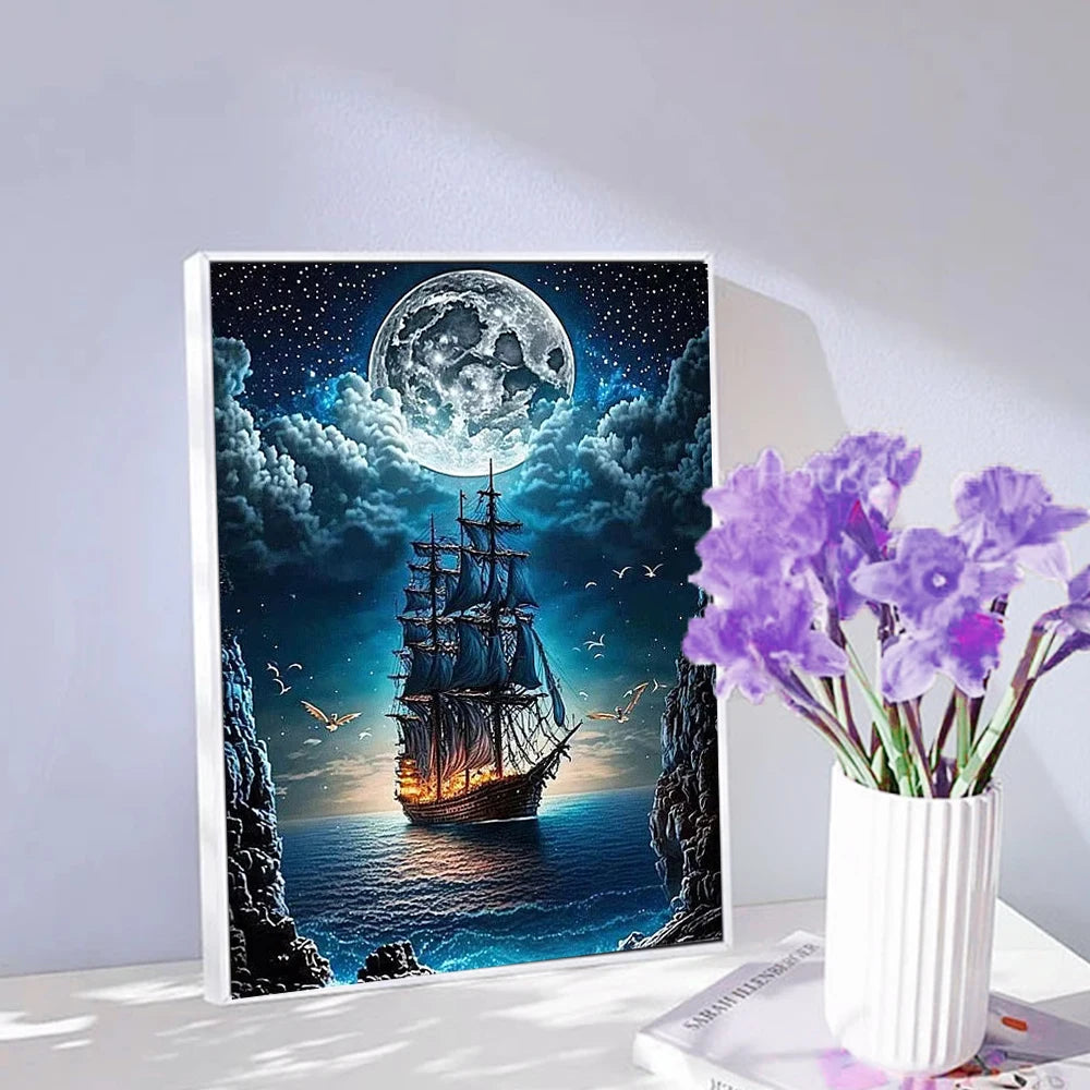 Diamond Painting Set – Landschaft & Mond im Japan-Stil mit vollem Diamant-Mosaik