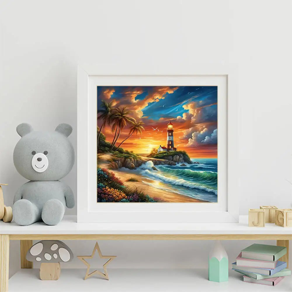 Diamond Painting Leuchtturm Sonnenuntergang – DIY Bastelset, Malen nach Zahlen mit Diamanten