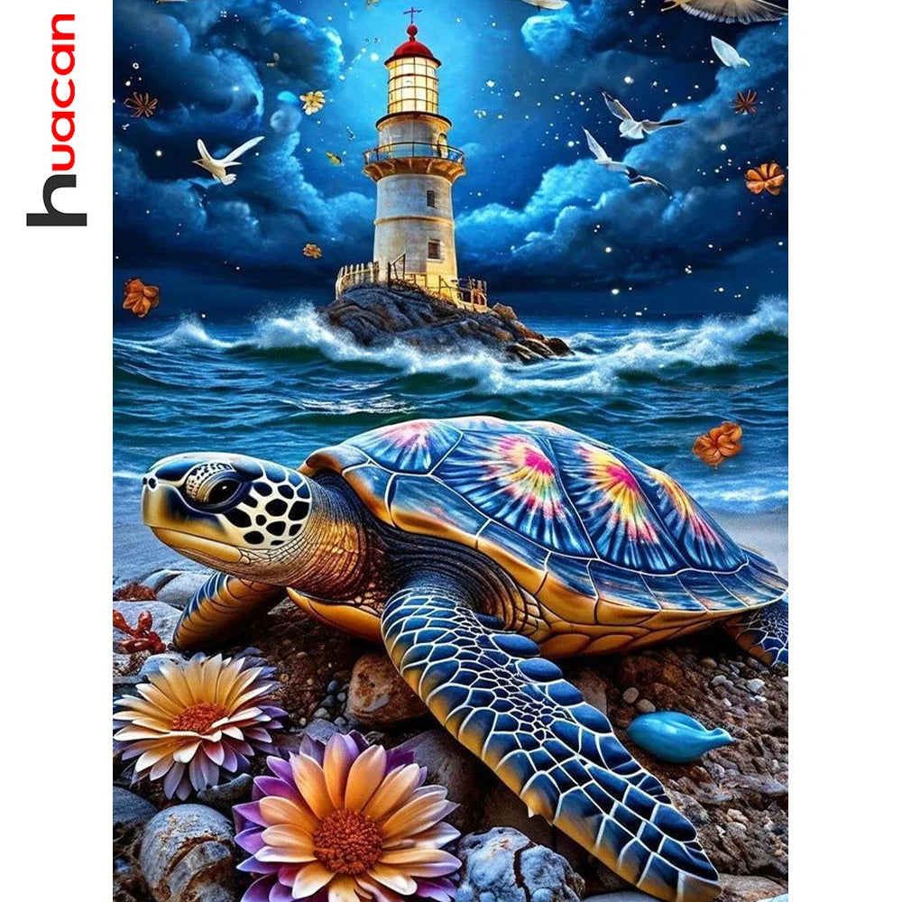 Diamond Painting Schildkröte und Leuchtturm – 5D Diamant Mosaikbild mit Rund- und Viereckbohrer