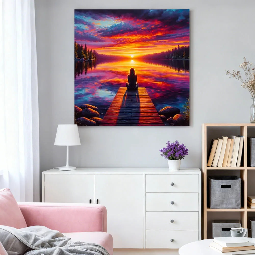 Diamond Painting Sonnenuntergang Landschaft – Huacan Diamant-Malerei Set mit Eckigen & Runden Steinen