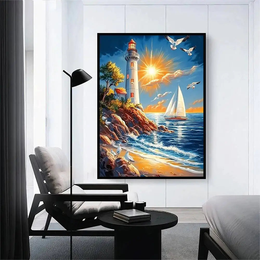 Diamond Painting Set – Leuchtturm & Küstenlandschaft | DIY Diamant-Malerei mit runden oder eckigen Steinen