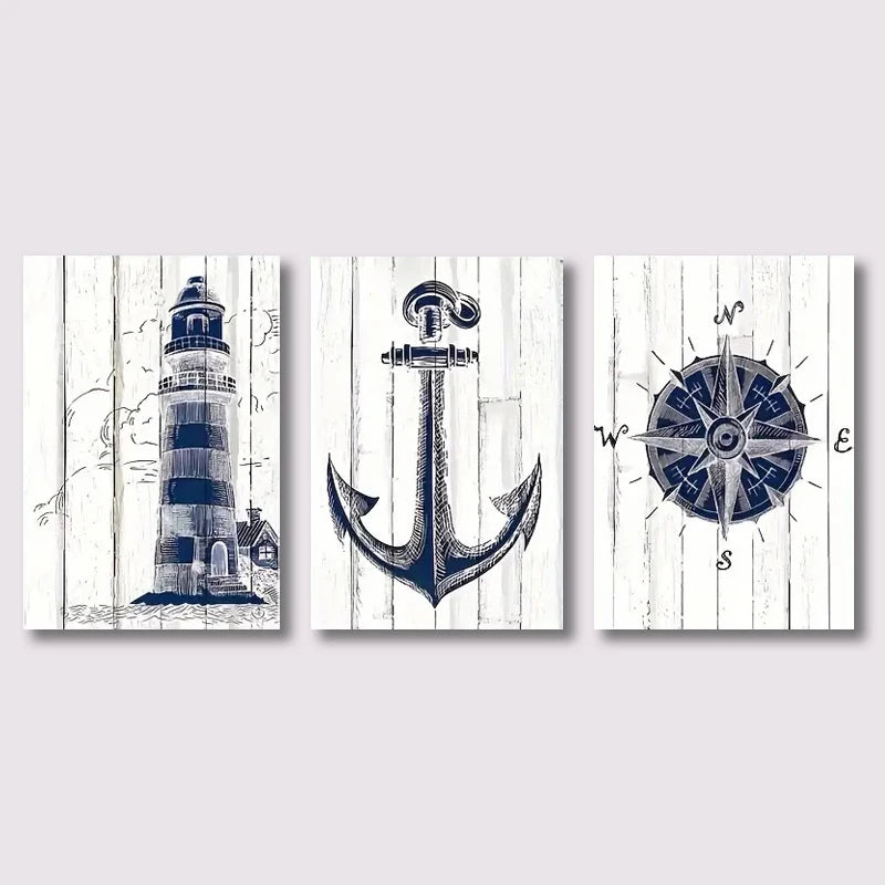Nautisches Canvas-Poster-Set 3-teilig – Leuchtturm, Anker & Kompass Wanddeko